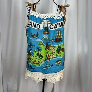 Hand Crafted Heirloom Grand Cayman Islands Map Print Tank Top with Vintage Lace